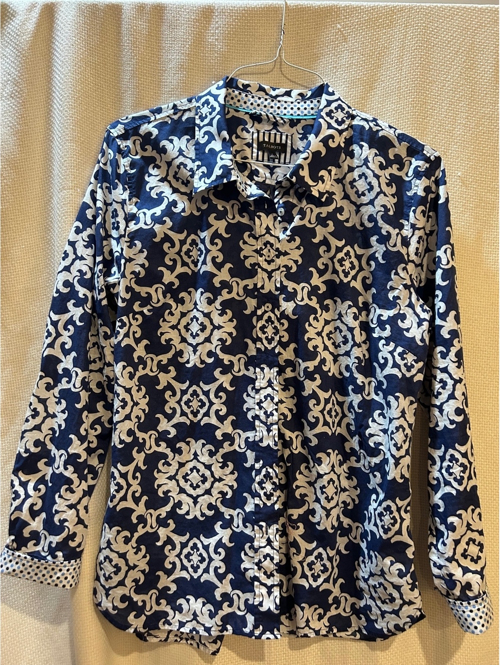 Talbots Women's Long Sleeve Navy and White Patterned Button-Up Shirt Size M
